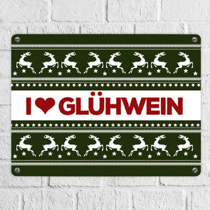 I love Glühwein Metallschild mit Weihnachtsmuster Motiv - Weihnachten Herz Advent Muster Rentier Stern Punkte