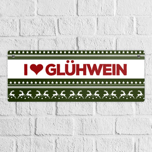 I love Glühwein Metallschild mit Weihnachtsmuster Motiv - Weihnachten Herz Muster Rentier Stern