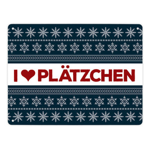 I love Plätzchen Metallschild mit Weihnachtsmuster Motiv - Weihnachten Herz Sterne Schnee Punkte Muster