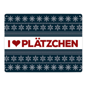 I love Plätzchen Metallschild mit Weihnachtsmuster Motiv - Weihnachten Herz Sterne Schnee Punkte Muster