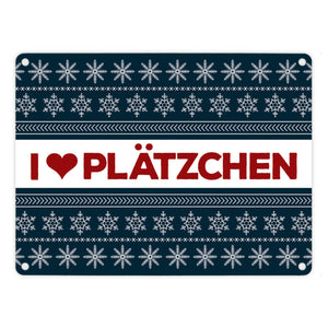 I love Plätzchen Metallschild mit Weihnachtsmuster Motiv - Weihnachten Herz Sterne Schnee Punkte Muster