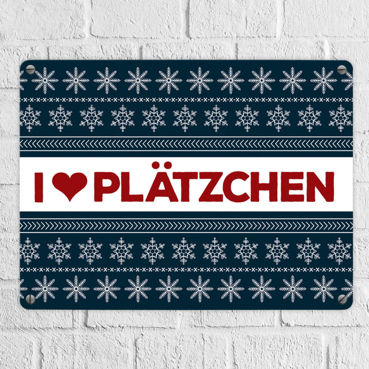 I love Plätzchen Metallschild mit Weihnachtsmuster Motiv - Weihnachten Herz Sterne Schnee Punkte Muster