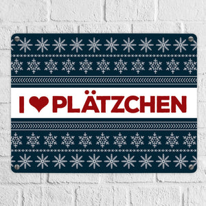 I love Plätzchen Metallschild mit Weihnachtsmuster Motiv - Weihnachten Herz Sterne Schnee Punkte Muster