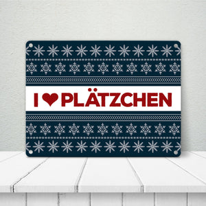 I love Plätzchen Metallschild mit Weihnachtsmuster Motiv - Weihnachten Herz Sterne Schnee Punkte Muster