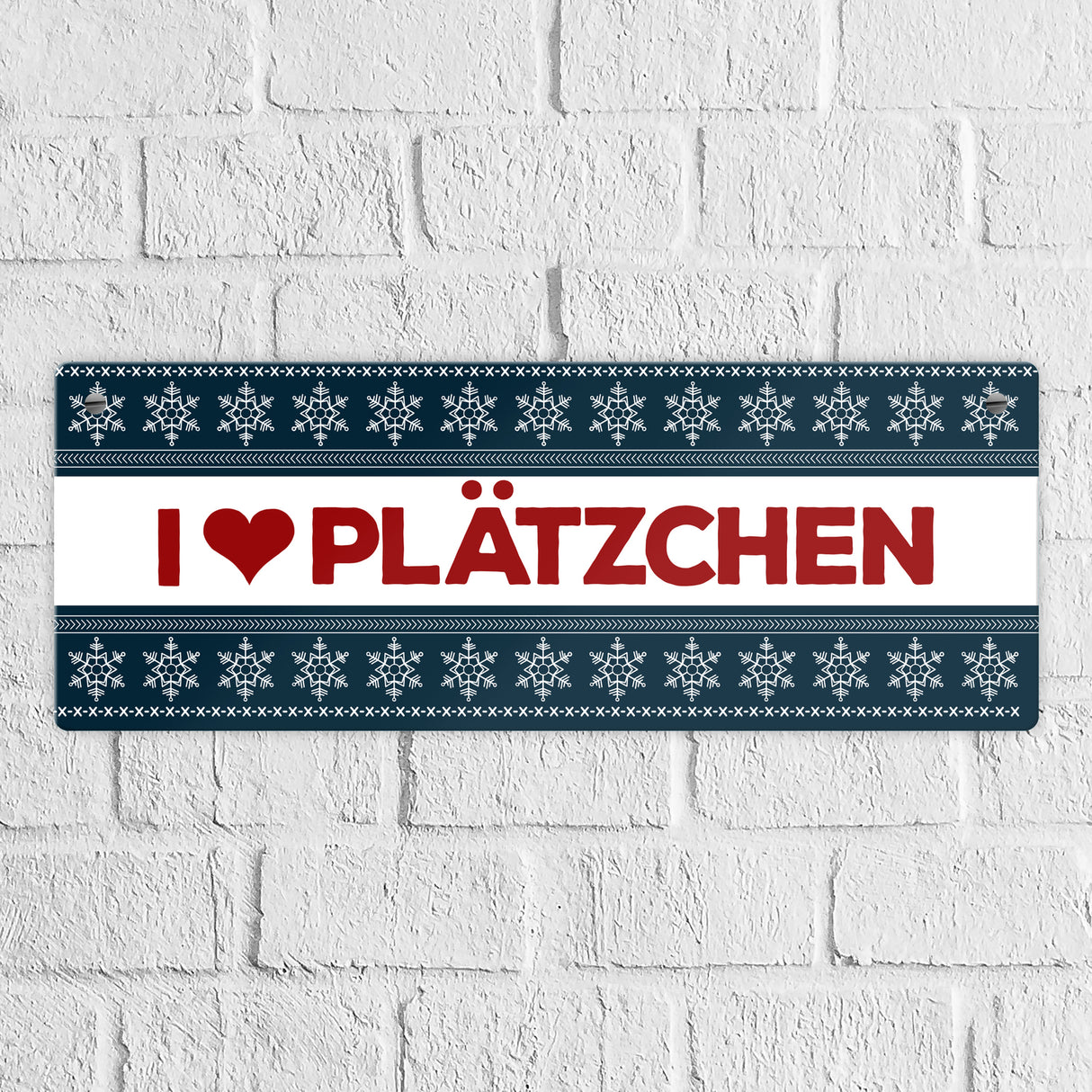 I love Plätzchen Metallschild mit Weihnachtsmuster Motiv - Weihnachten Herz Schnee Sterne Punkte Muster