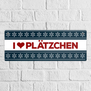 I love Plätzchen Metallschild mit Weihnachtsmuster Motiv - Weihnachten Herz Schnee Sterne Punkte Muster