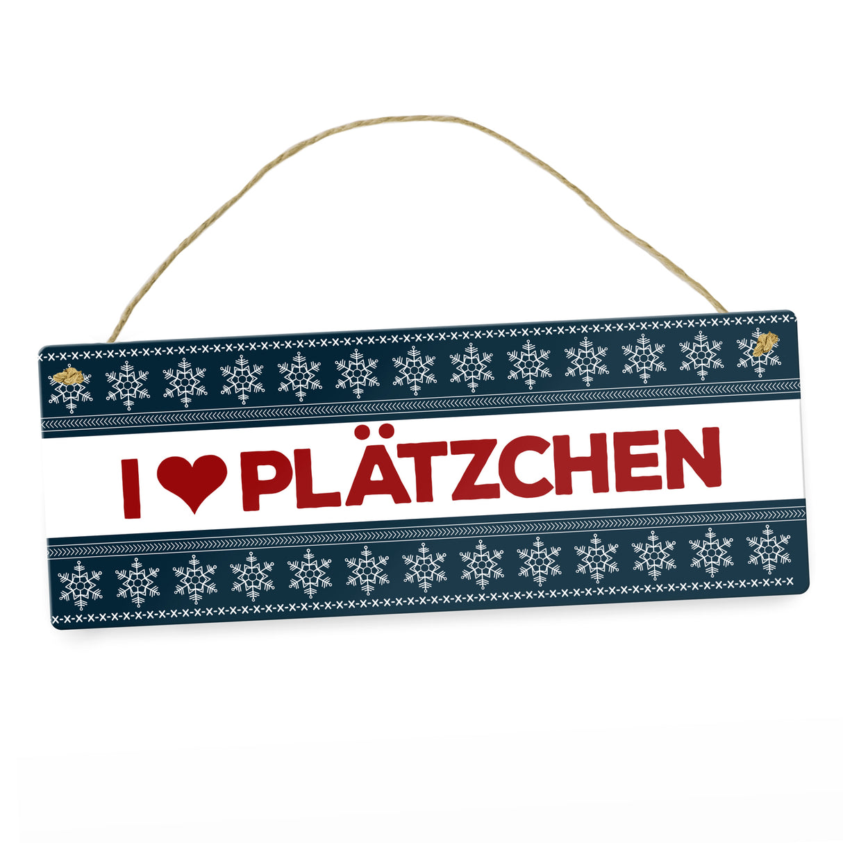 I love Plätzchen Metallschild mit Weihnachtsmuster Motiv - Weihnachten Herz Schnee Sterne Punkte Muster