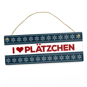 I love Plätzchen Metallschild mit Weihnachtsmuster Motiv - Weihnachten Herz Schnee Sterne Punkte Muster
