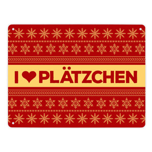 I love Plätzchen Metallschild mit Weihnachtsmuster Motiv - Weihnachten Herz Sterne Schnee Punkte Muster