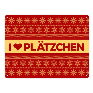 I love Plätzchen Metallschild mit Weihnachtsmuster Motiv - Weihnachten Herz Sterne Schnee Punkte Muster
