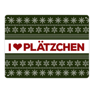 I love Plätzchen Metallschild mit Weihnachtsmuster Motiv - Weihnachten Herz Sterne Schnee Punkte Muster