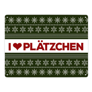 I love Plätzchen Metallschild mit Weihnachtsmuster Motiv - Weihnachten Herz Sterne Schnee Punkte Muster
