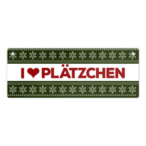 I love Plätzchen Metallschild mit Weihnachtsmuster Motiv - Weihnachten Herz Schnee Sterne Punkte Muster