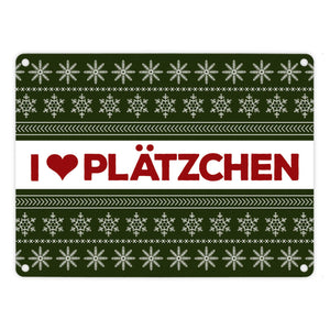 I love Plätzchen Metallschild mit Weihnachtsmuster Motiv - Weihnachten Herz Sterne Schnee Punkte Muster