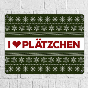 I love Plätzchen Metallschild mit Weihnachtsmuster Motiv - Weihnachten Herz Sterne Schnee Punkte Muster