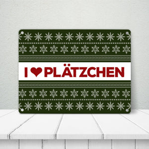 I love Plätzchen Metallschild mit Weihnachtsmuster Motiv - Weihnachten Herz Sterne Schnee Punkte Muster