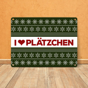 I love Plätzchen Metallschild mit Weihnachtsmuster Motiv - Weihnachten Herz Sterne Schnee Punkte Muster