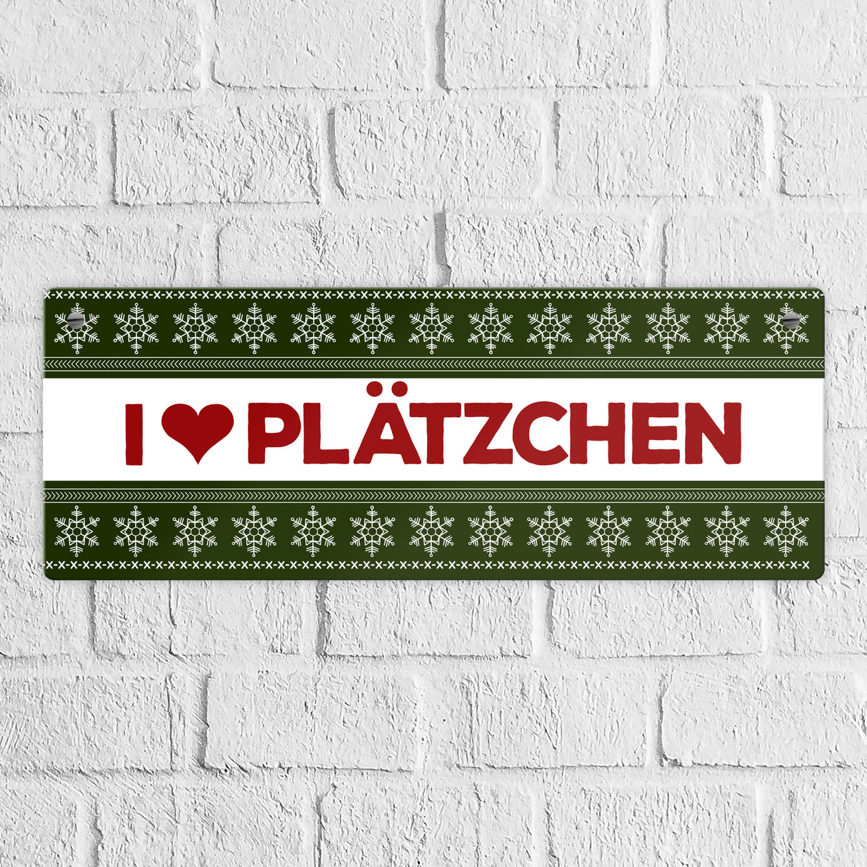 I love Plätzchen Metallschild mit Weihnachtsmuster Motiv - Weihnachten Herz Schnee Sterne Punkte Muster