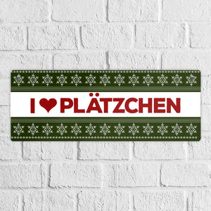 I love Plätzchen Metallschild mit Weihnachtsmuster Motiv - Weihnachten Herz Schnee Sterne Punkte Muster