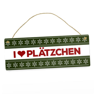 I love Plätzchen Metallschild mit Weihnachtsmuster Motiv - Weihnachten Herz Schnee Sterne Punkte Muster