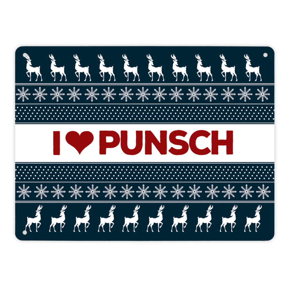 I love Punsch Metallschild mit Weihnachtsmuster Motiv - Weihnachten Herz Rentier Sterne Schnee Punkte Muster