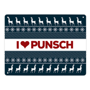 I love Punsch Metallschild mit Weihnachtsmuster Motiv - Weihnachten Herz Rentier Sterne Schnee Punkte Muster