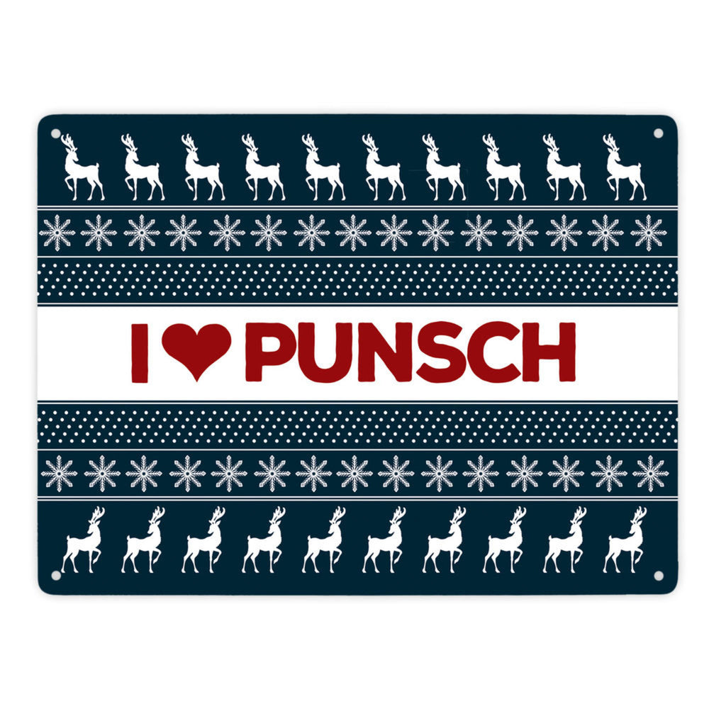 I love Punsch Metallschild mit Weihnachtsmuster Motiv - Weihnachten Herz Rentier Sterne Schnee Punkte Muster