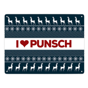 I love Punsch Metallschild mit Weihnachtsmuster Motiv - Weihnachten Herz Rentier Sterne Schnee Punkte Muster