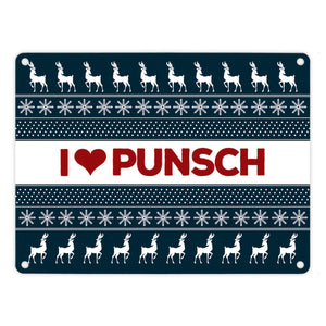 I love Punsch Metallschild mit Weihnachtsmuster Motiv - Weihnachten Herz Rentier Sterne Schnee Punkte Muster