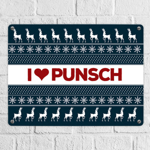 I love Punsch Metallschild mit Weihnachtsmuster Motiv - Weihnachten Herz Rentier Sterne Schnee Punkte Muster