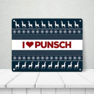 I love Punsch Metallschild mit Weihnachtsmuster Motiv - Weihnachten Herz Rentier Sterne Schnee Punkte Muster