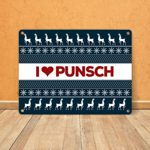 I love Punsch Metallschild mit Weihnachtsmuster Motiv - Weihnachten Herz Rentier Sterne Schnee Punkte Muster