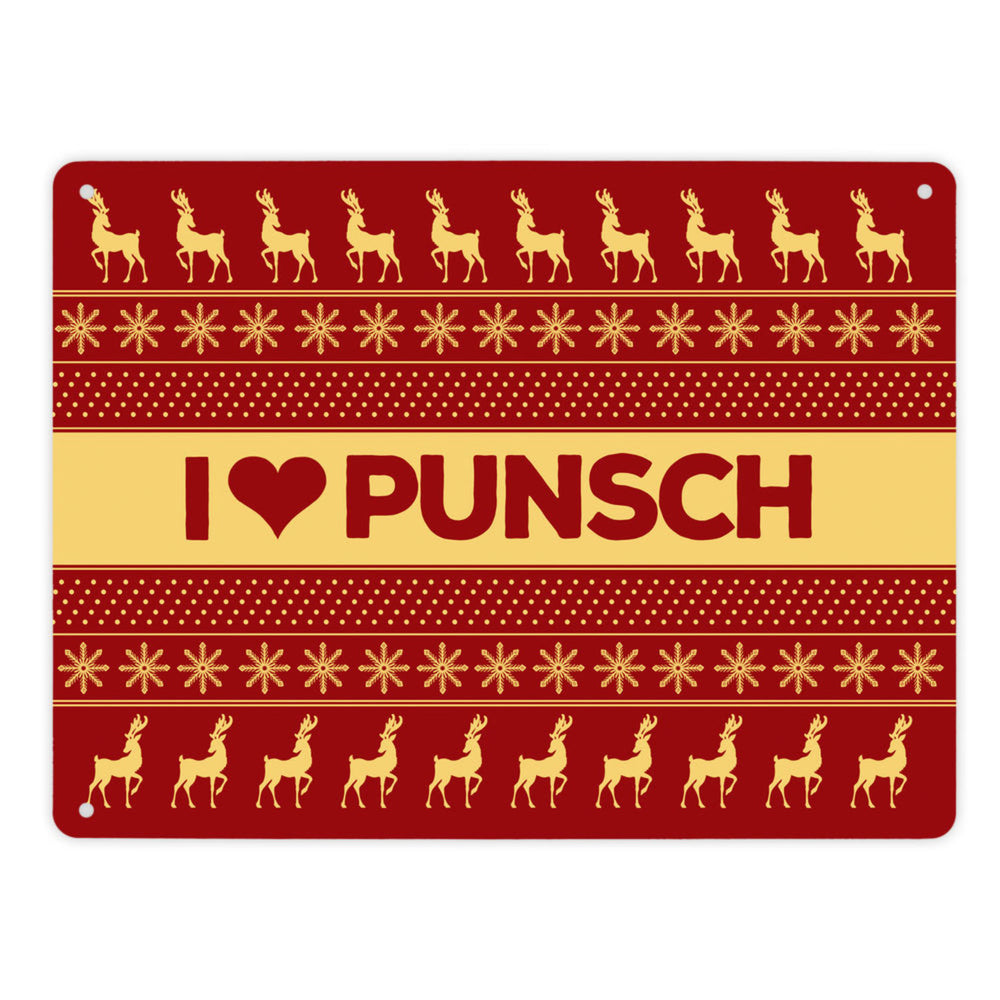 I love Punsch Metallschild mit Weihnachtsmuster Motiv - Weihnachten Herz Rentier Sterne Schnee Punkte Muster