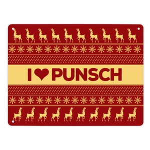 I love Punsch Metallschild mit Weihnachtsmuster Motiv - Weihnachten Herz Rentier Sterne Schnee Punkte Muster