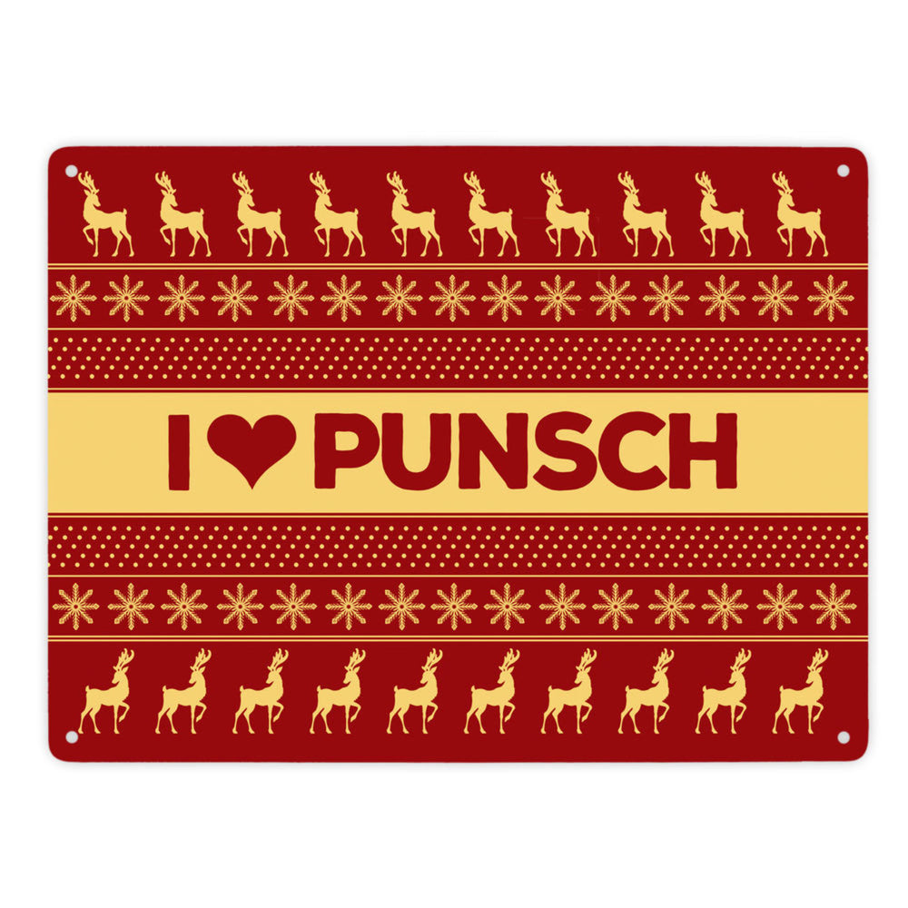 I love Punsch Metallschild mit Weihnachtsmuster Motiv - Weihnachten Herz Rentier Sterne Schnee Punkte Muster