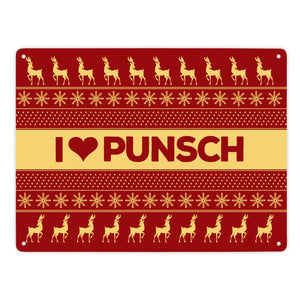 I love Punsch Metallschild mit Weihnachtsmuster Motiv - Weihnachten Herz Rentier Sterne Schnee Punkte Muster