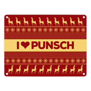 I love Punsch Metallschild mit Weihnachtsmuster Motiv - Weihnachten Herz Rentier Sterne Schnee Punkte Muster