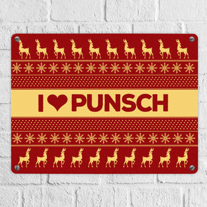 I love Punsch Metallschild mit Weihnachtsmuster Motiv - Weihnachten Herz Rentier Sterne Schnee Punkte Muster