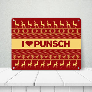 I love Punsch Metallschild mit Weihnachtsmuster Motiv - Weihnachten Herz Rentier Sterne Schnee Punkte Muster