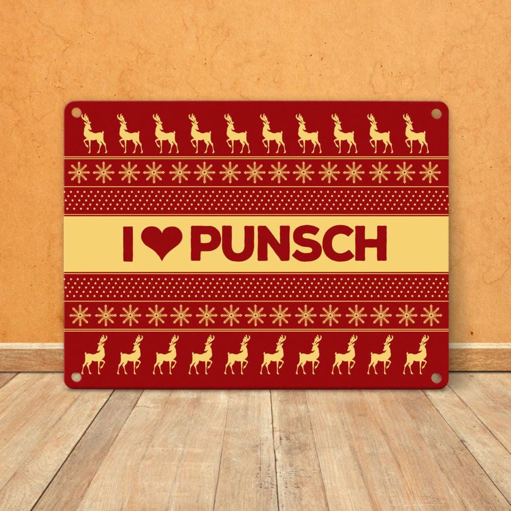 I love Punsch Metallschild mit Weihnachtsmuster Motiv - Weihnachten Herz Rentier Sterne Schnee Punkte Muster
