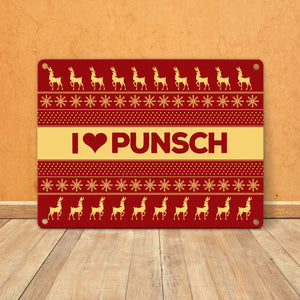 I love Punsch Metallschild mit Weihnachtsmuster Motiv - Weihnachten Herz Rentier Sterne Schnee Punkte Muster