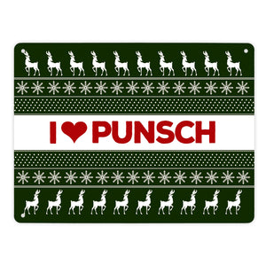 I love Punsch Metallschild mit Weihnachtsmuster Motiv - Weihnachten Herz Rentier Sterne Schnee Punkte Muster