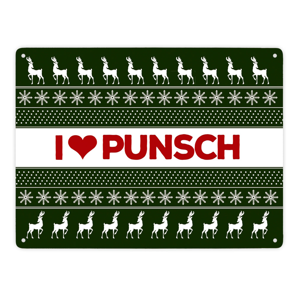 I love Punsch Metallschild mit Weihnachtsmuster Motiv - Weihnachten Herz Rentier Sterne Schnee Punkte Muster
