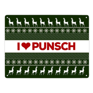 I love Punsch Metallschild mit Weihnachtsmuster Motiv - Weihnachten Herz Rentier Sterne Schnee Punkte Muster