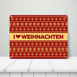 I love Weihnachten Metallschild mit Weihnachtsmuster Motiv - Weihnachten Herz Liebe Stern Schnee