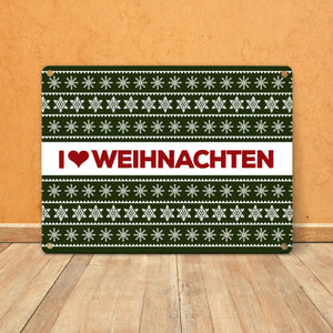 I love Weihnachten Metallschild mit Weihnachtsmuster Motiv - Weihnachten Herz Liebe Stern Schnee