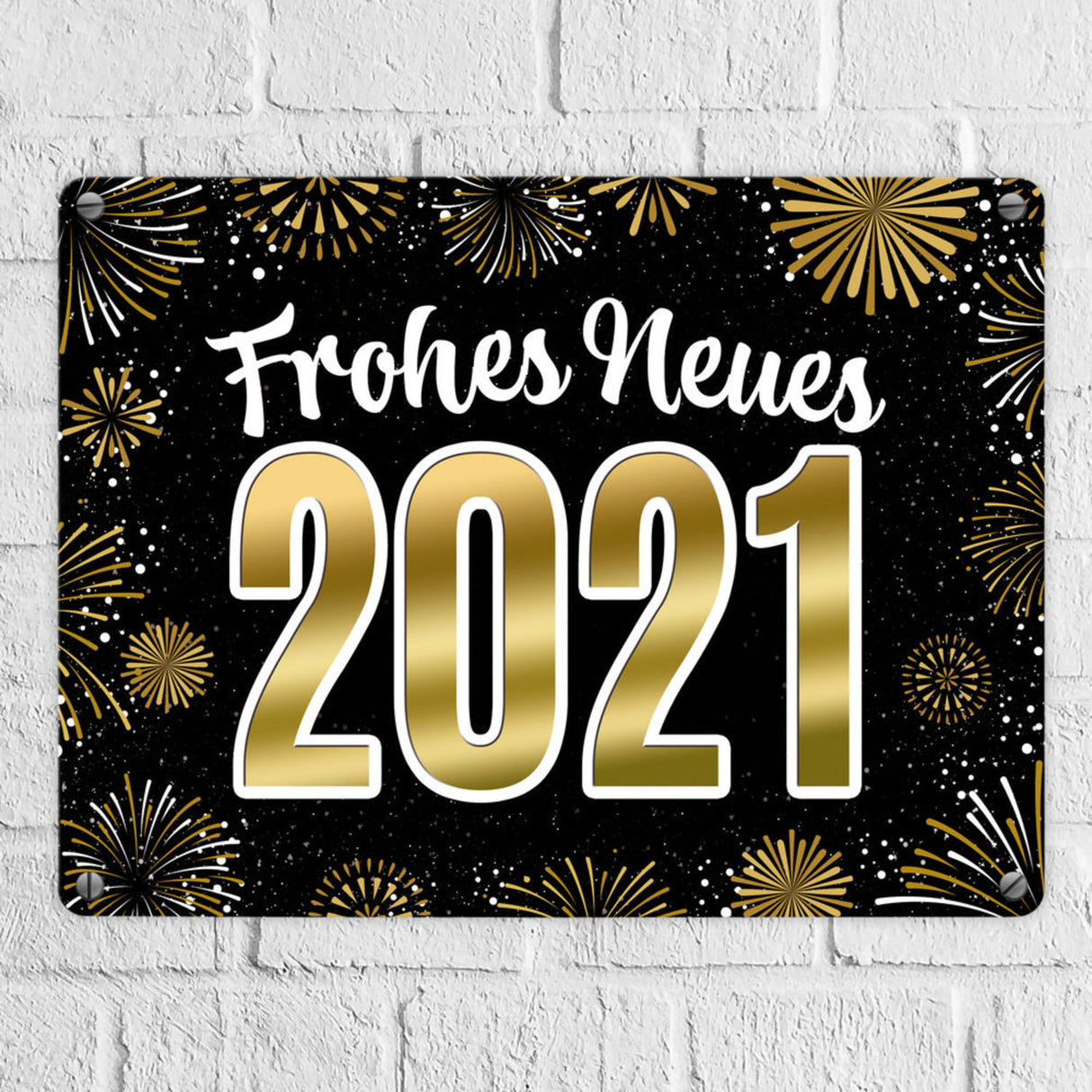 Silvester Metallschild mit Spruch - Silvester Rakete Böller Konfetti Sekt Sterne Year neu happy