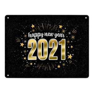 Silvester Metallschild mit Spruch - Silvester Rakete Böller Konfetti Sekt Sterne Year neu happy