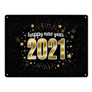 Silvester Metallschild mit Spruch - Silvester Rakete Böller Konfetti Sekt Sterne Year neu happy
