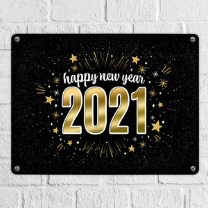 Silvester Metallschild mit Spruch - Silvester Rakete Böller Konfetti Sekt Sterne Year neu happy